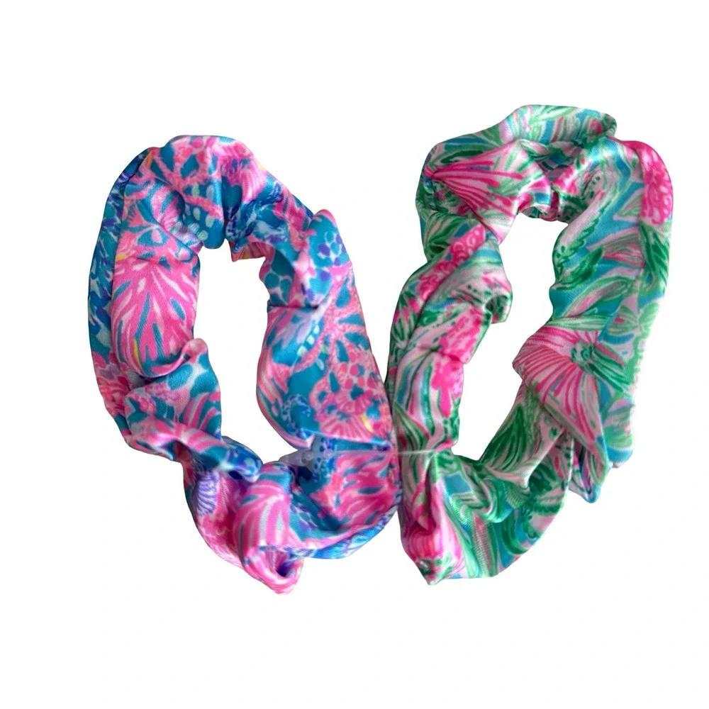 Lilly Pulitzer Silky Scrunchie Set of 2 Multicolored Pink Floral Hair Ties New